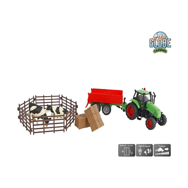 Kids Globe 1:32 Scale Farm Playset Green Tractor with red trailer and accessories KG510727