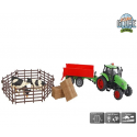 Kids Globe 1:32 Scale Green Diecast Tractor Toy With Red Trailer And Accessories KG510727