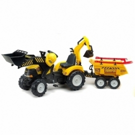 Yellow Power pedal Loader constructor backhoe with excavator, Maxi tilt trailer, helmet, shovel and rake
