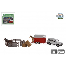 Kids Globe 1:32 Scale Land Rover in diecast with pullback action, Horse trailer and accessories KG520213