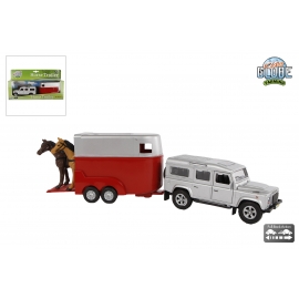Land Rover Defender with horsetrailer and 2 horses die cast pull back