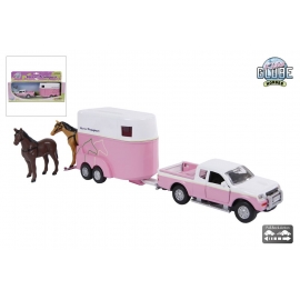 Kids Globe 1:32 Scale Pink Diecast Mitsubishi L 200 Pickup With Horse Trailer With 2 Horses KG520124