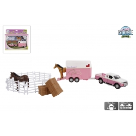 Kids Globe 1:32 Scale Pink Diecast Mitsubishi L 200 Pickup with Horse Trailer, 2 Horses And Accessories KG520205