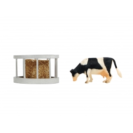 Kids Globe 1:32 Scale Cattle Feeder Set With Round Bale And Standing Cow KG571961