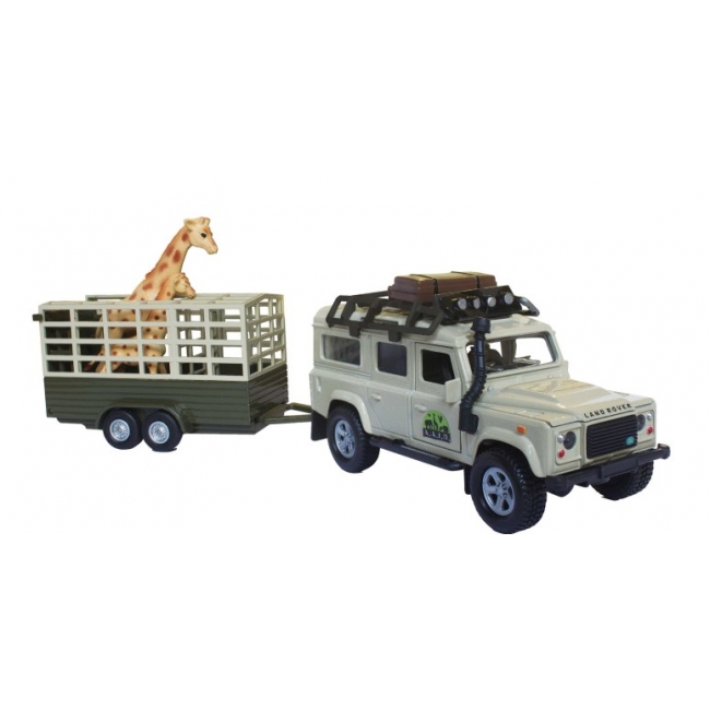 Land Rover Defender with giraffe trailer and giraffe die cast pull back