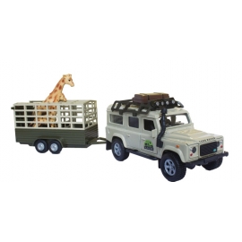 Land Rover Defender with giraffe trailer and giraffe die cast pull back