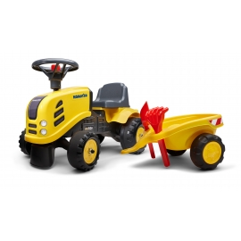 Baby Komatsu ride-on tractor with trailer, rake & shovel