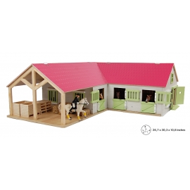 Kids Globe 1:24 Scale Wooden Horse stable Toy With 4 Stalls, Grooming Stall and Storage Pink/White/Light Green KG610210