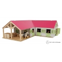 Kids Globe 1:24 Scale Wooden Horse stable Toy With 4 Stalls, Grooming Stall and Storage Pink/White/Light Green KG610210