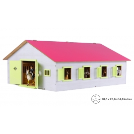 Kids Globe 1:24 Scale Wooden Horse Stable Toy With 7 Stalls Pink/White/Light Green KG610189