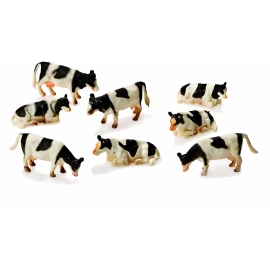 Kids Globe 1:87 Scale 8 Piece Standing/Laying Down Black and White Cow Set KG571878