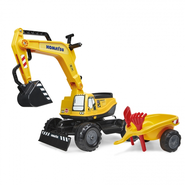 Komastu excavator with opening seat, trailer, rake and shovel