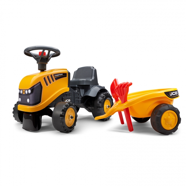 Baby JCB ride-on tractor with trailer, rake & shovel