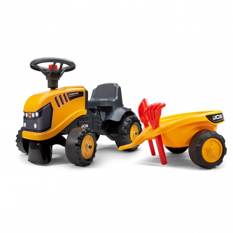 Baby JCB ride-on tractor with trailer, rake & shovel